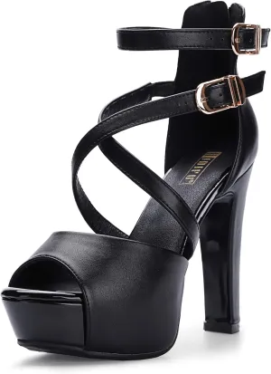 IDIFU Women's IN5 Charcy Crisscross Strappy Platform High Chunky Heels Peep Toe Pump Party Heeled Sandals