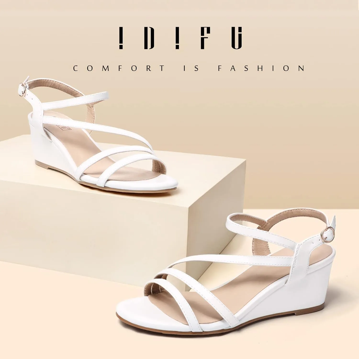 IDIFU Women's Wedge Heel Sandal Dress Low Strappy 2 Inch Open Toe Wedding Bridal Shoes for Woman Ladies Evening Formal