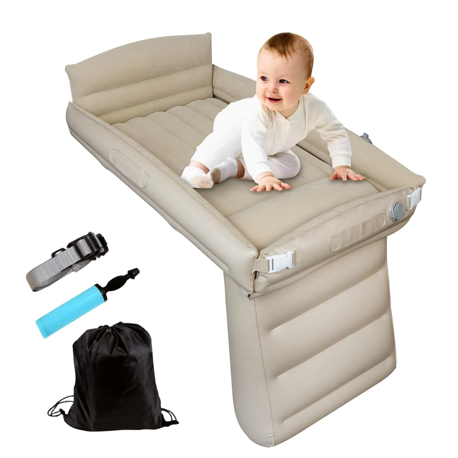 Inflatable Toddler Airplane Bed - Baby Travel Bed for Airplane Car - Airplane Seat Extender for Kids Portable Crib with Rails Sides Hand Pump Safety Belt and Carry Bag Sets (New Grey)