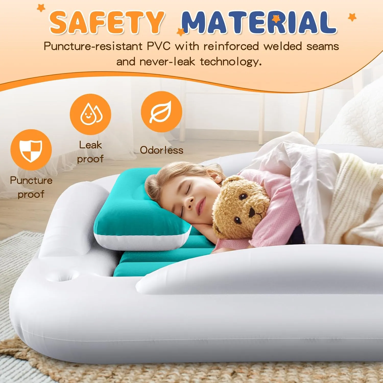 Inflatable Toddler Travel Bed - Portable Toddler Kids Travel Bed with Safety Sides Complete Kids Air Mattress Set with High-Speed Pump, Ideal for Vacation Camping and Sleepover (60 Inches)