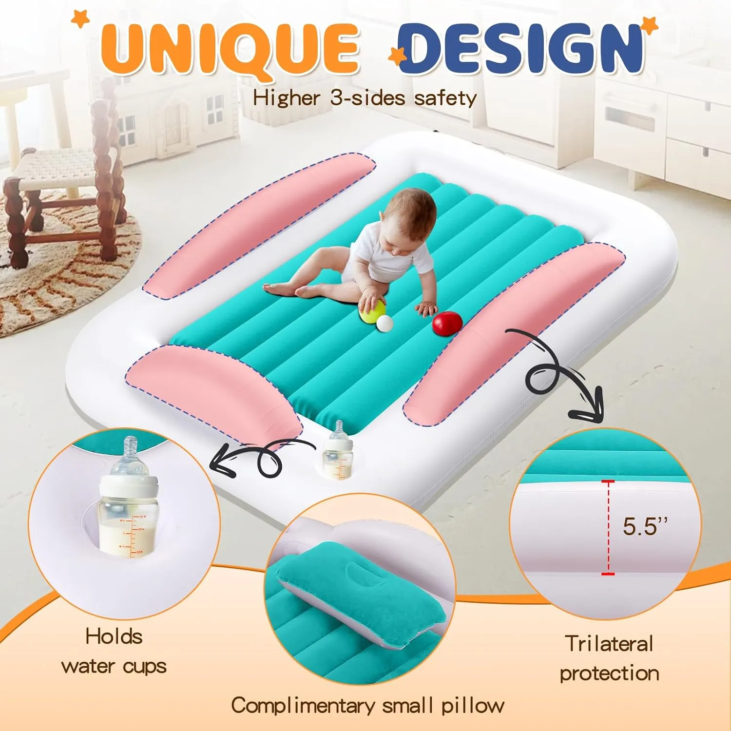 Inflatable Toddler Travel Bed - Portable Toddler Kids Travel Bed with Safety Sides Complete Kids Air Mattress Set with High-Speed Pump, Ideal for Vacation Camping and Sleepover (60 Inches)