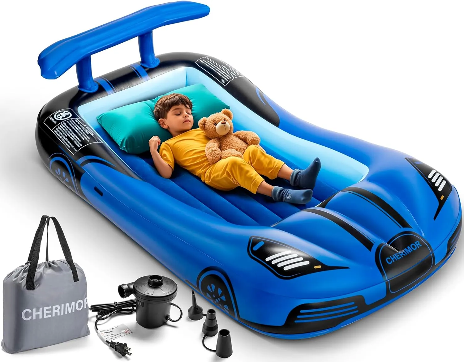 Inflatable Toddler Travel Bed with Safety Bumpers & 2 Mins Auto Inflation Pump, Portable Toddler Kids Air Mattress with Carry Bag for Home Grandma's Sleepovers Travel Camping, 330lbs Support