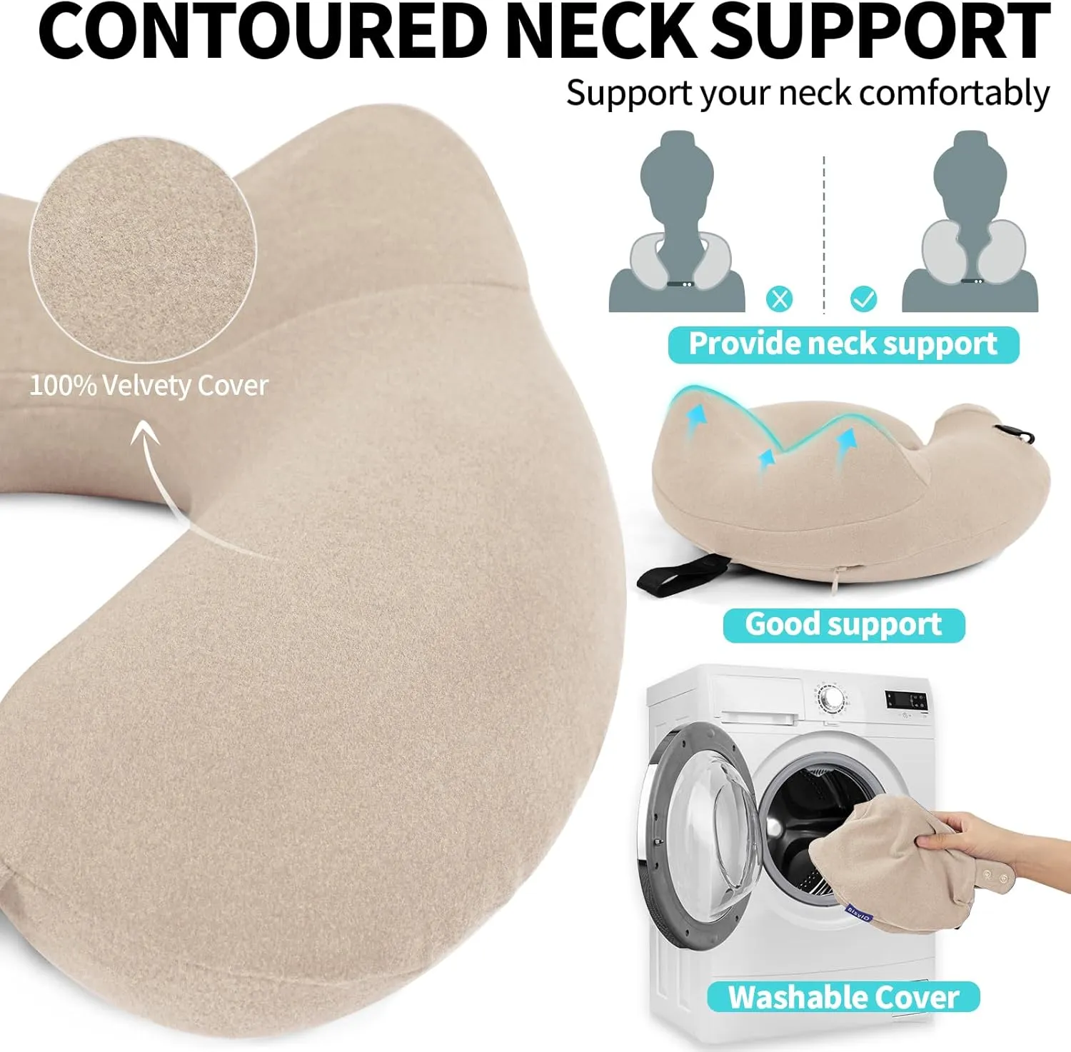 Inflatable Travel Neck Pillow for Airplane, Head Support Velvet Adult Neck Pillow for Long Flight, Kit with Eye Mask, Earplugs and Storage Bag,1, Beige