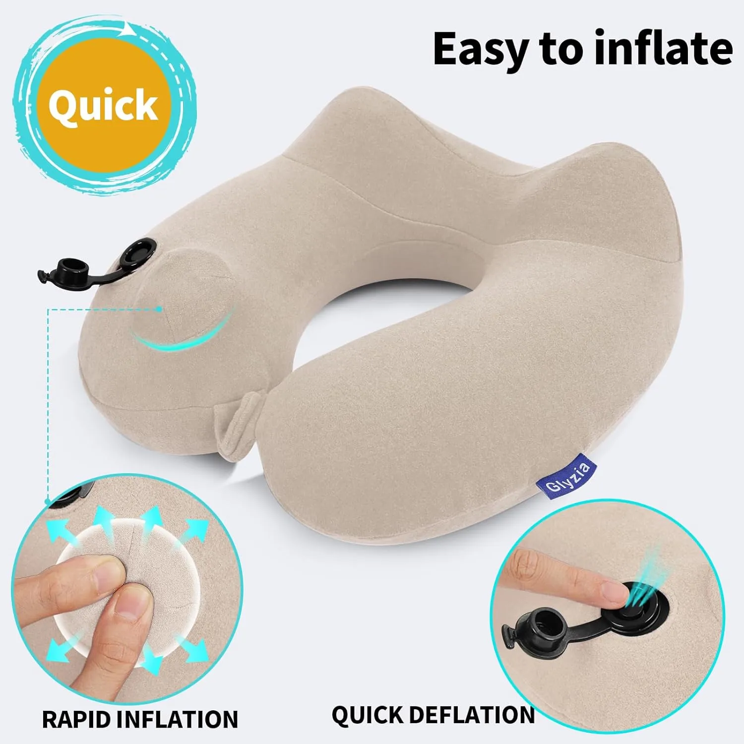 Inflatable Travel Neck Pillow for Airplane, Head Support Velvet Adult Neck Pillow for Long Flight, Kit with Eye Mask, Earplugs and Storage Bag,1, Beige