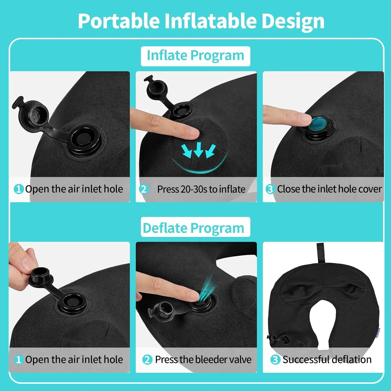 Inflatable Travel Neck Pillow for Airplane, Head Support Velvet Adult Neck Pillow for Long Flight, Kit with Eye Mask, Earplugs and Storage Bag,1, Black