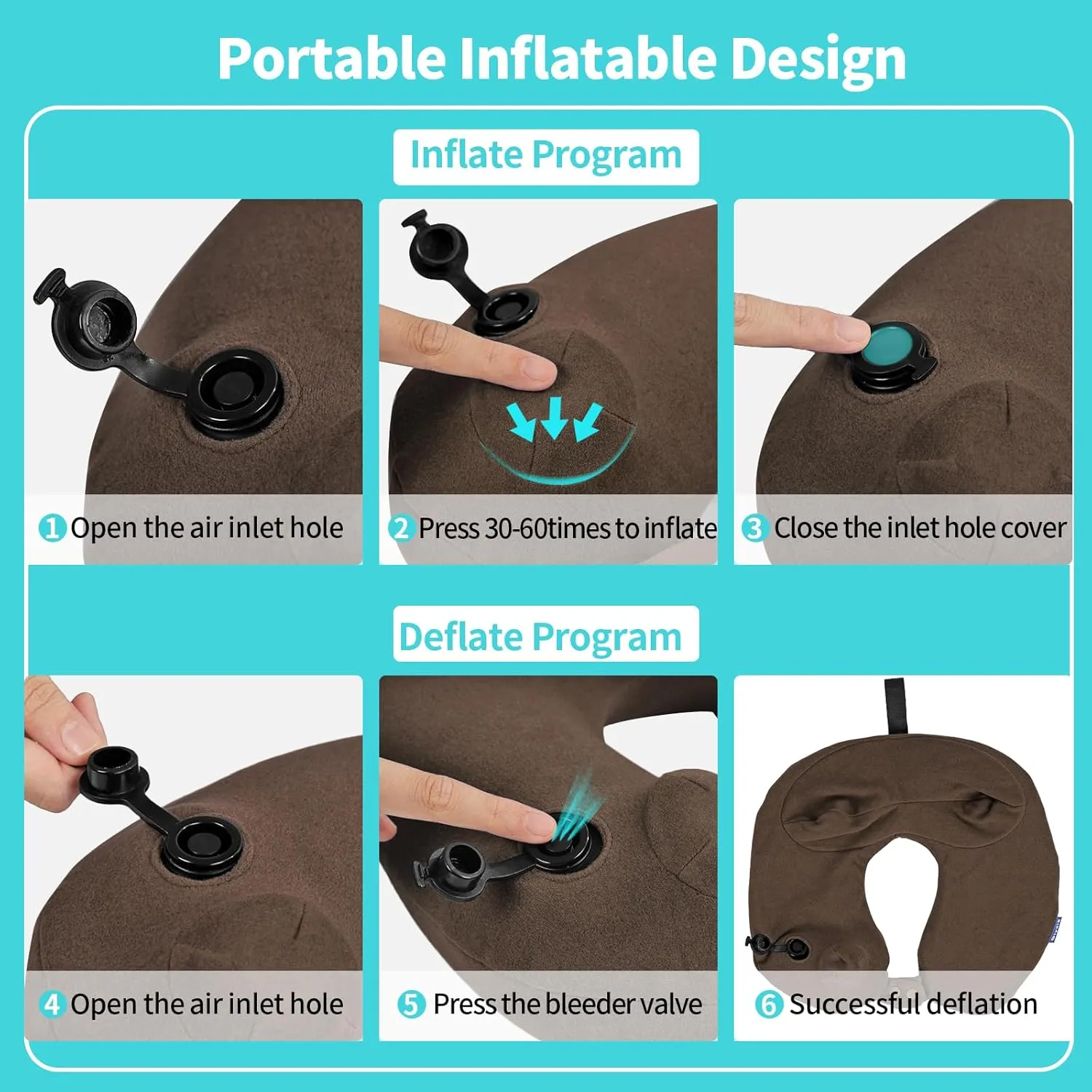 Inflatable Travel Neck Pillow for Airplane, Head Support Velvet Adult Neck Pillow for Long Flight, Kit with Eye Mask, Earplugs and Storage Bag,1, Brown