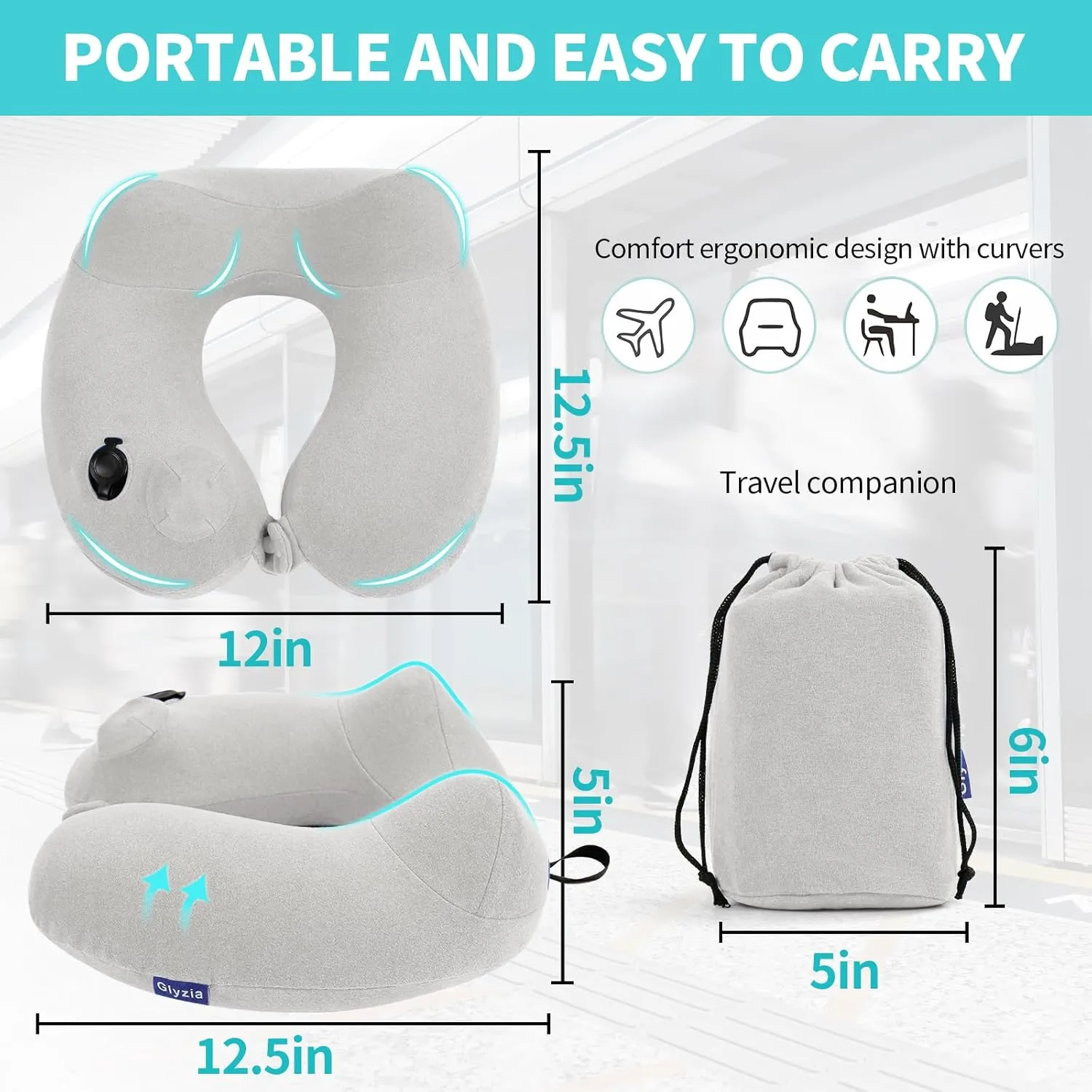 Inflatable Travel Neck Pillow for Airplane, Head Support Velvet Adult Neck Pillow for Long Flight, Kit with Eye Mask, Earplugs and Storage Bag,1, Light Gray