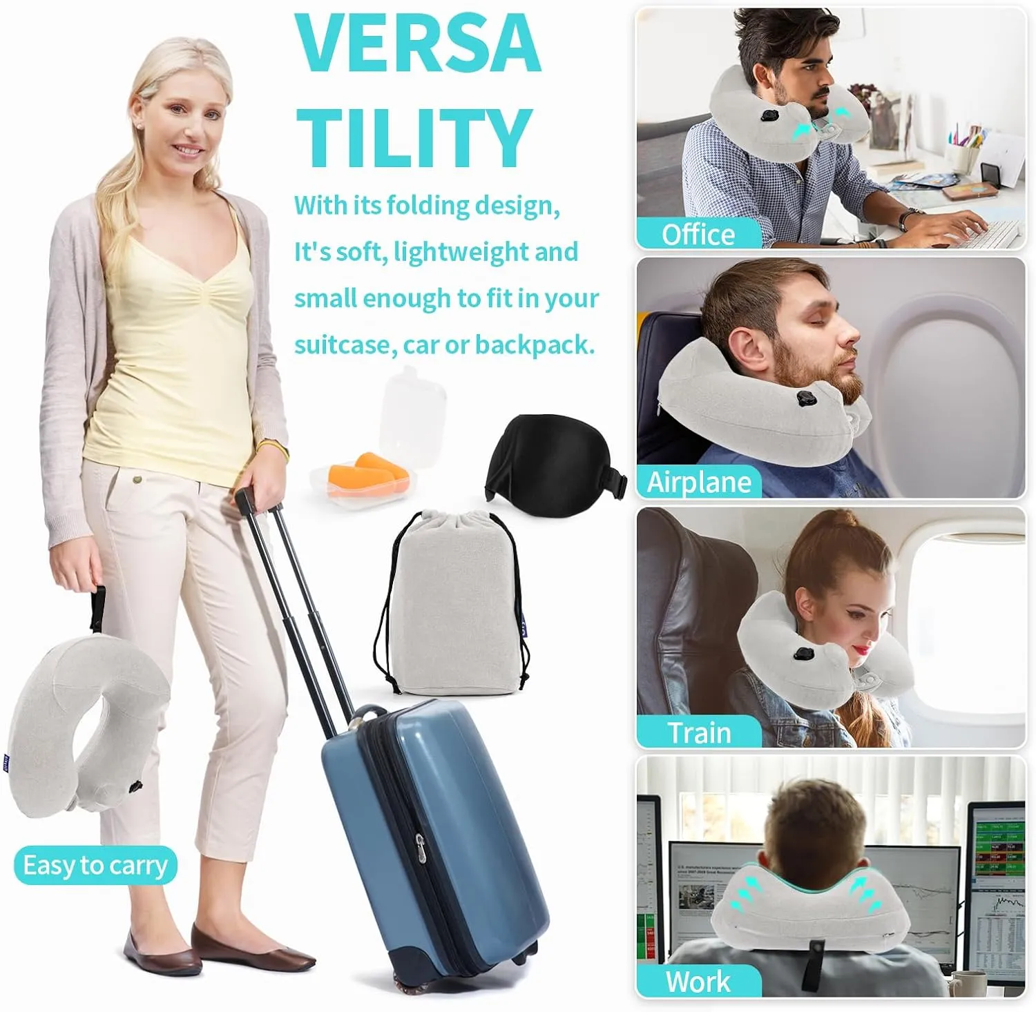 Inflatable Travel Neck Pillow for Airplane, Head Support Velvet Adult Neck Pillow for Long Flight, Kit with Eye Mask, Earplugs and Storage Bag,1, Light Gray