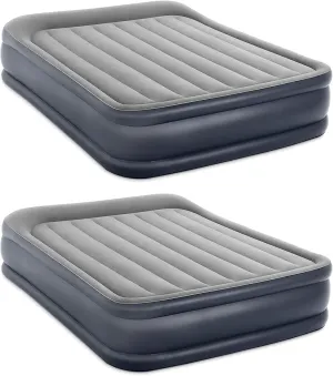 Intex Dura Beam Deluxe Fiber-Tech Pillow Rest Raised Velvet Blow Up Air Mattress Bed with Built in Electronic Pump and Carrying Bag, Queen (2 Pack)