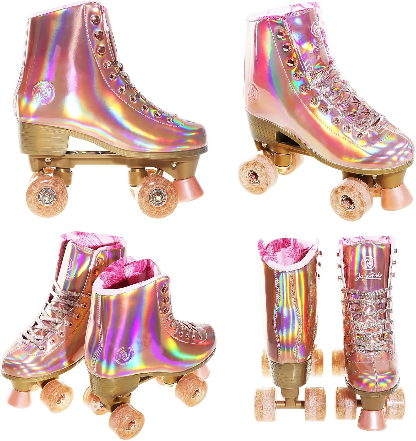 JajaHoho Roller Skates for Women, Holographic High Top PU Leather Rollerskates, Shiny Double-Row Four Wheels Quad Skates for Girls and Age 8-50 Indoor (Pink Rose Gold)