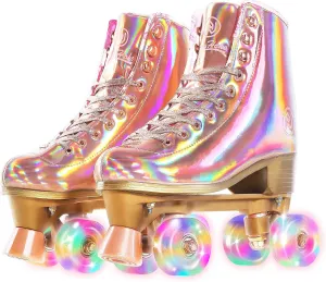 JajaHoho Roller Skates for Women, Holographic High Top PU Leather Rollerskates, Shiny Double-Row Four Wheels Quad Skates for Girls and Age 8-50 Indoor (Pink Rose Gold)
