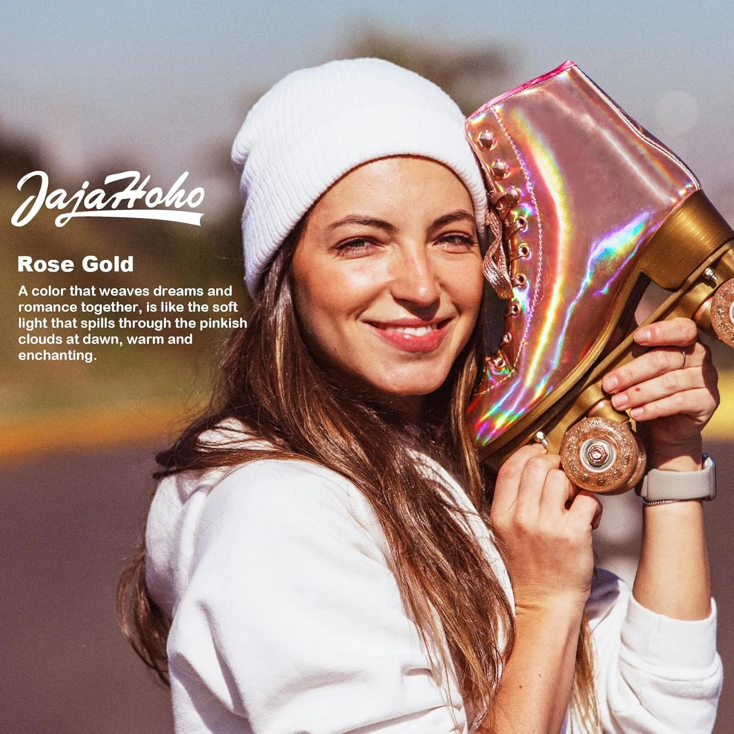 JajaHoho Roller Skates for Women, Holographic High Top PU Leather Rollerskates, Shiny Double-Row Four Wheels Quad Skates for Girls and Age 8-50 Indoor (Pink Rose Gold)