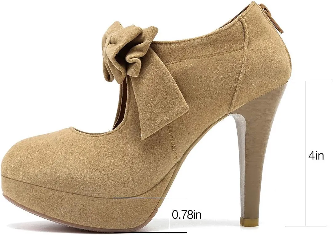 JITUUE Fashion Vintage Womens Sweet Small Bowtie Bowknot Suede Platform Pumps Ladies Sexy High Heeled Back Zipper Shoes