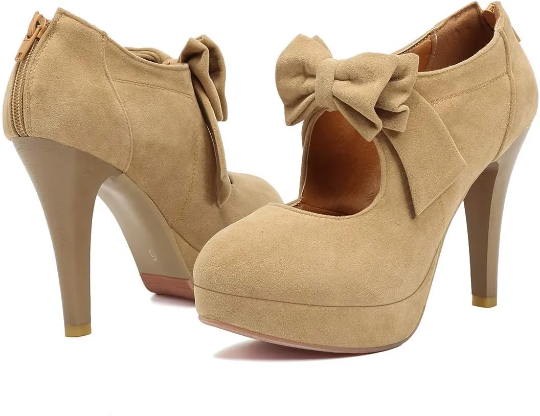 JITUUE Fashion Vintage Womens Sweet Small Bowtie Bowknot Suede Platform Pumps Ladies Sexy High Heeled Back Zipper Shoes