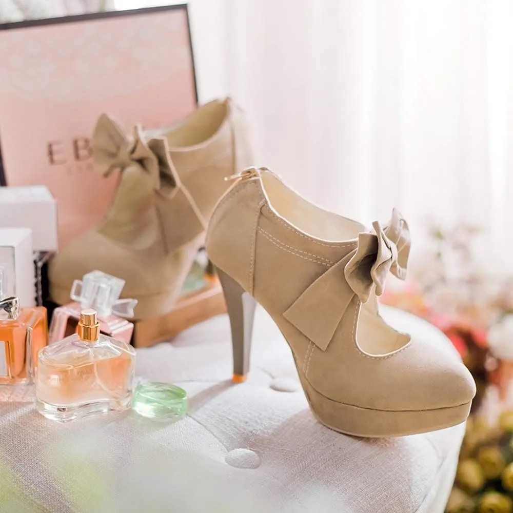 JITUUE Fashion Vintage Womens Sweet Small Bowtie Bowknot Suede Platform Pumps Ladies Sexy High Heeled Back Zipper Shoes