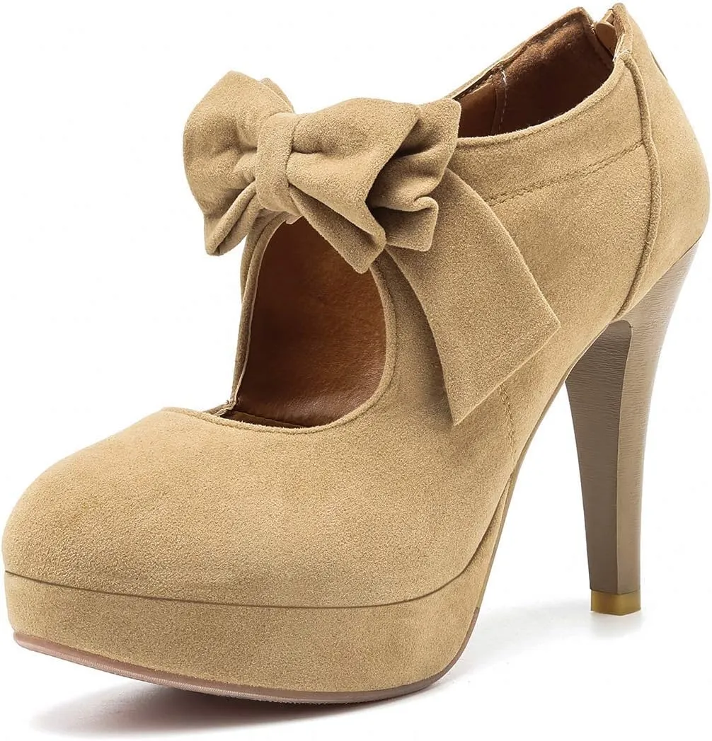 JITUUE Fashion Vintage Womens Sweet Small Bowtie Bowknot Suede Platform Pumps Ladies Sexy High Heeled Back Zipper Shoes