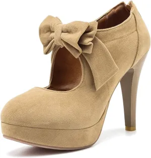 JITUUE Fashion Vintage Womens Sweet Small Bowtie Bowknot Suede Platform Pumps Ladies Sexy High Heeled Back Zipper Shoes