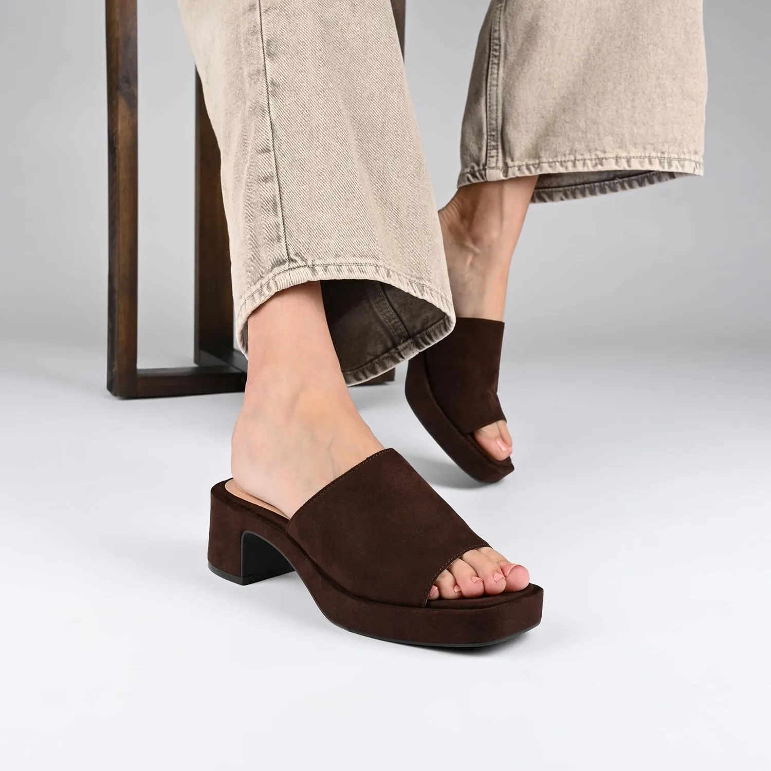 Journee Womens One Band Slip On Open Square Toe Covered Block Heel Slide Bessa Comfort Platform Sandals