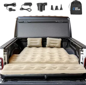 JOYTUTUS 5-5.2Ft Truck Bed Air Mattress with Removable Tailgate Extension, Compatible with Tacoma&Ranger,Thickened Inflatable Compact Short Truck Beds, with Air Pump&2 Pillows,Camel&Black