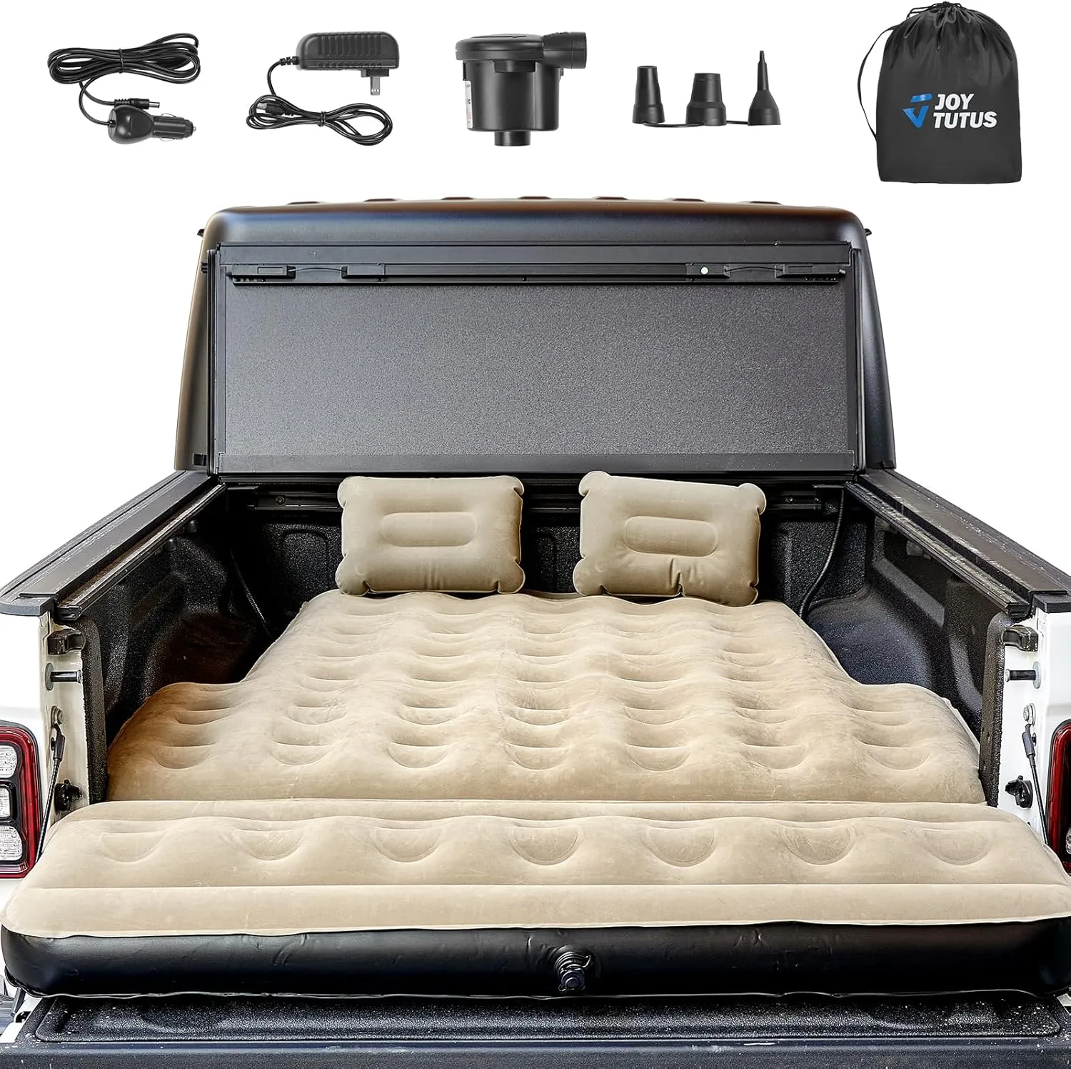 JOYTUTUS 5-5.2Ft Truck Bed Air Mattress with Removable Tailgate Extension, Compatible with Tacoma&Ranger,Thickened Inflatable Compact Short Truck Beds, with Air Pump&2 Pillows,Camel&Black