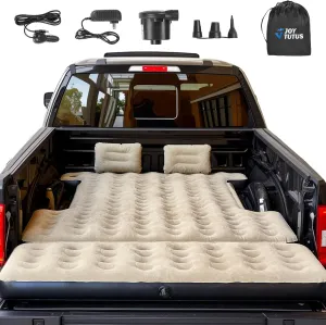 JOYTUTUS 5.5-5.8Ft Truck Bed Air Mattress with Removable Tailgate Extension,Thickened Inflatable Full Size Short Truck Beds, with Air Pump&2 Pillows,Camel&Black