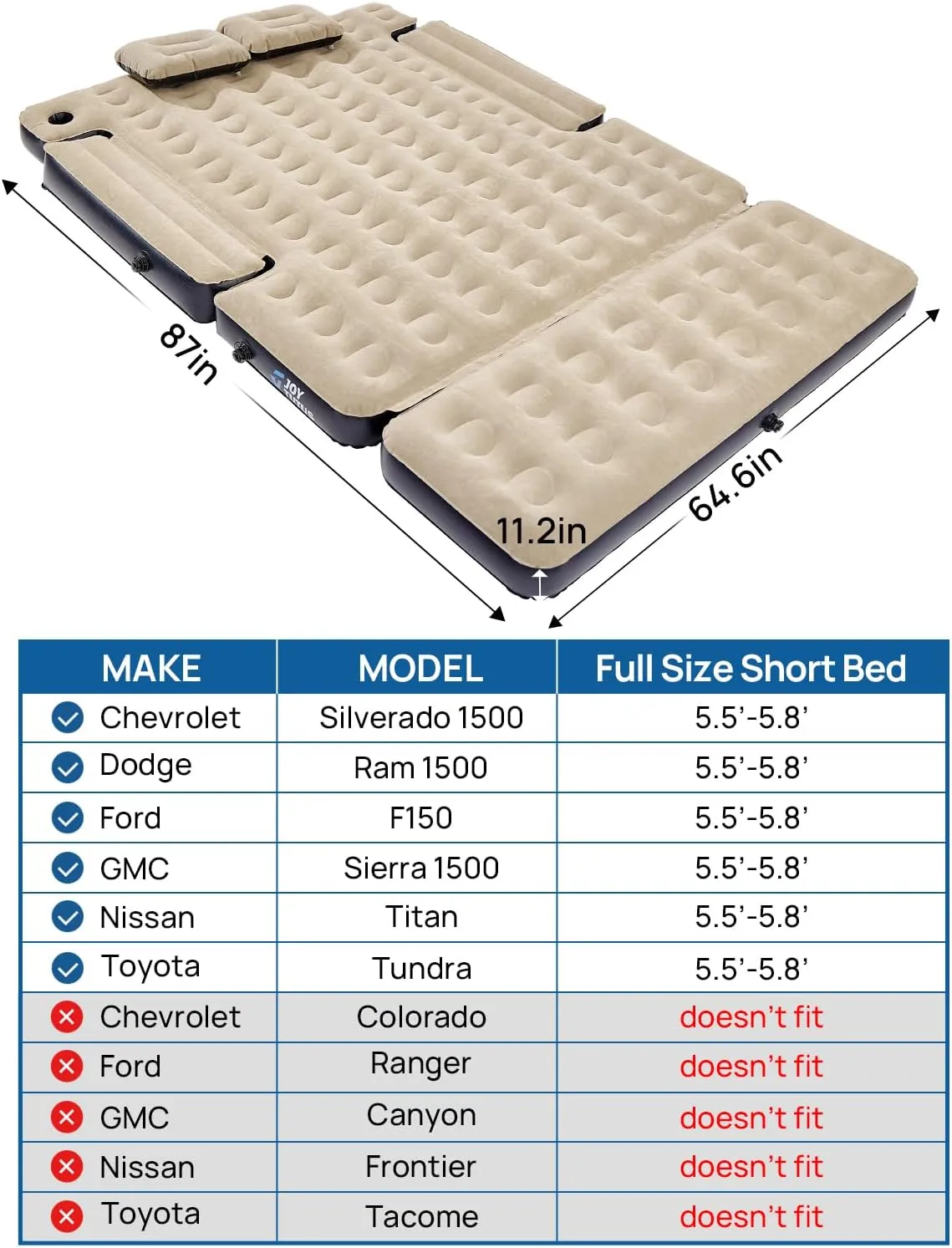 JOYTUTUS 5.5-5.8Ft Truck Bed Air Mattress with Removable Tailgate Extension,Thickened Inflatable Full Size Short Truck Beds, with Air Pump&2 Pillows,Camel&Black