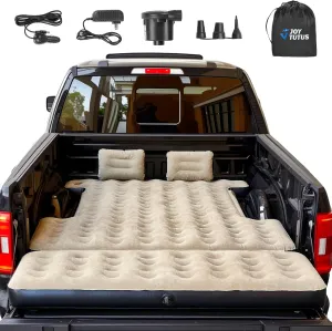JOYTUTUS 6.4-6.7Ft Truck Bed Air Mattress with Removable Tailgate Extension,Thickened Inflatable Full Size Regular Truck Beds, with Air Pump&2 Pillows,Camel&Black