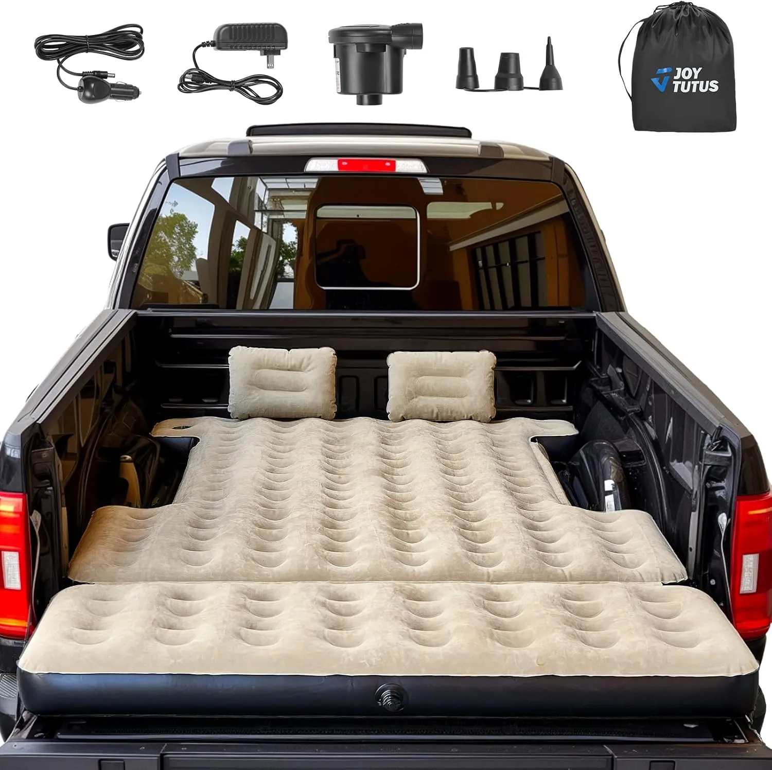 JOYTUTUS 6.4-6.7Ft Truck Bed Air Mattress with Removable Tailgate Extension,Thickened Inflatable Full Size Regular Truck Beds, with Air Pump&2 Pillows,Camel&Black