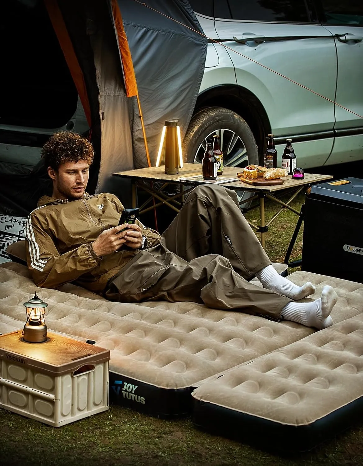 JOYTUTUS 6.4-6.7Ft Truck Bed Air Mattress with Removable Tailgate Extension,Thickened Inflatable Full Size Regular Truck Beds, with Air Pump&2 Pillows,Camel&Black