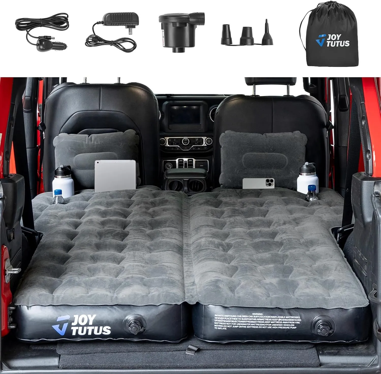 JOYTUTUS SUV Air Mattress for Camping with/Air Pump Compatible with Wrangler JL & Bronco, Comfort SUV Inflation Mattress w/2 Pillows for 2018-2025 Wrangler JL 4 Door (Don't for 4XE) - Dark Grey