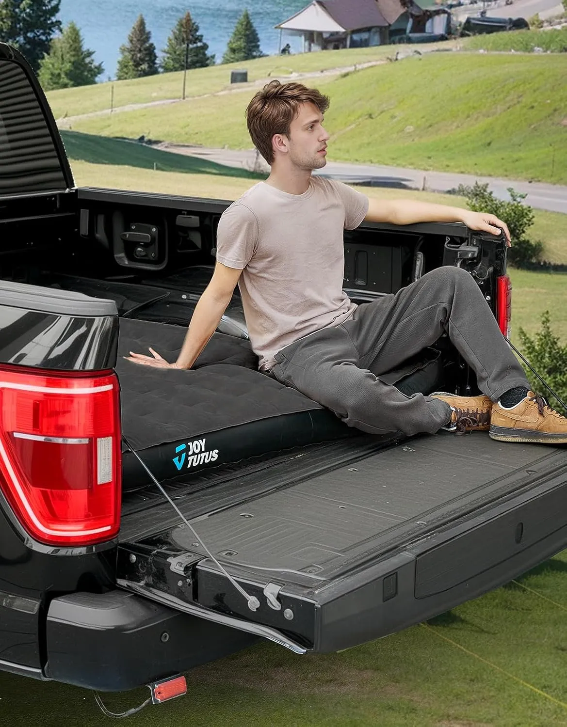 JOYTUTUS Truck Bed Air Mattress for 5.5-5.8Ft,Full Size Short Beds for Pickup Outdoor Camping,Truck Tent Accessories with Carry Bag & Cup Holder & Cavity Design,Black