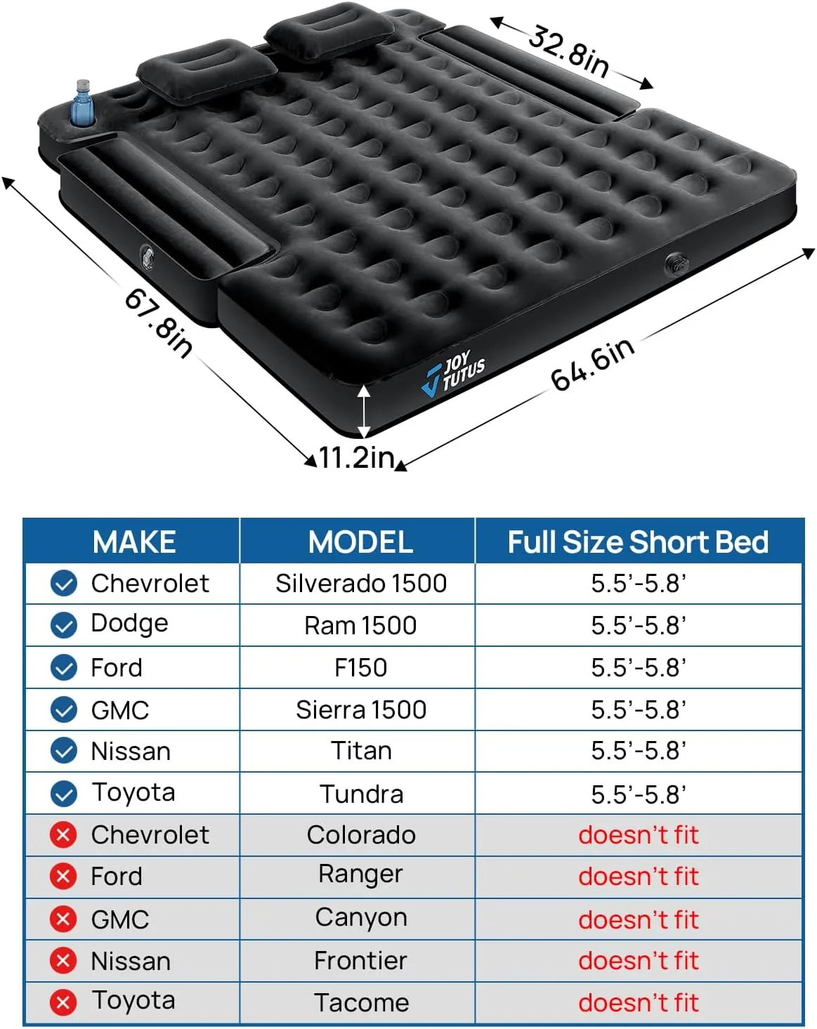 JOYTUTUS Truck Bed Air Mattress for 5.5-5.8Ft,Full Size Short Beds for Pickup Outdoor Camping,Truck Tent Accessories with Carry Bag & Cup Holder & Cavity Design,Black