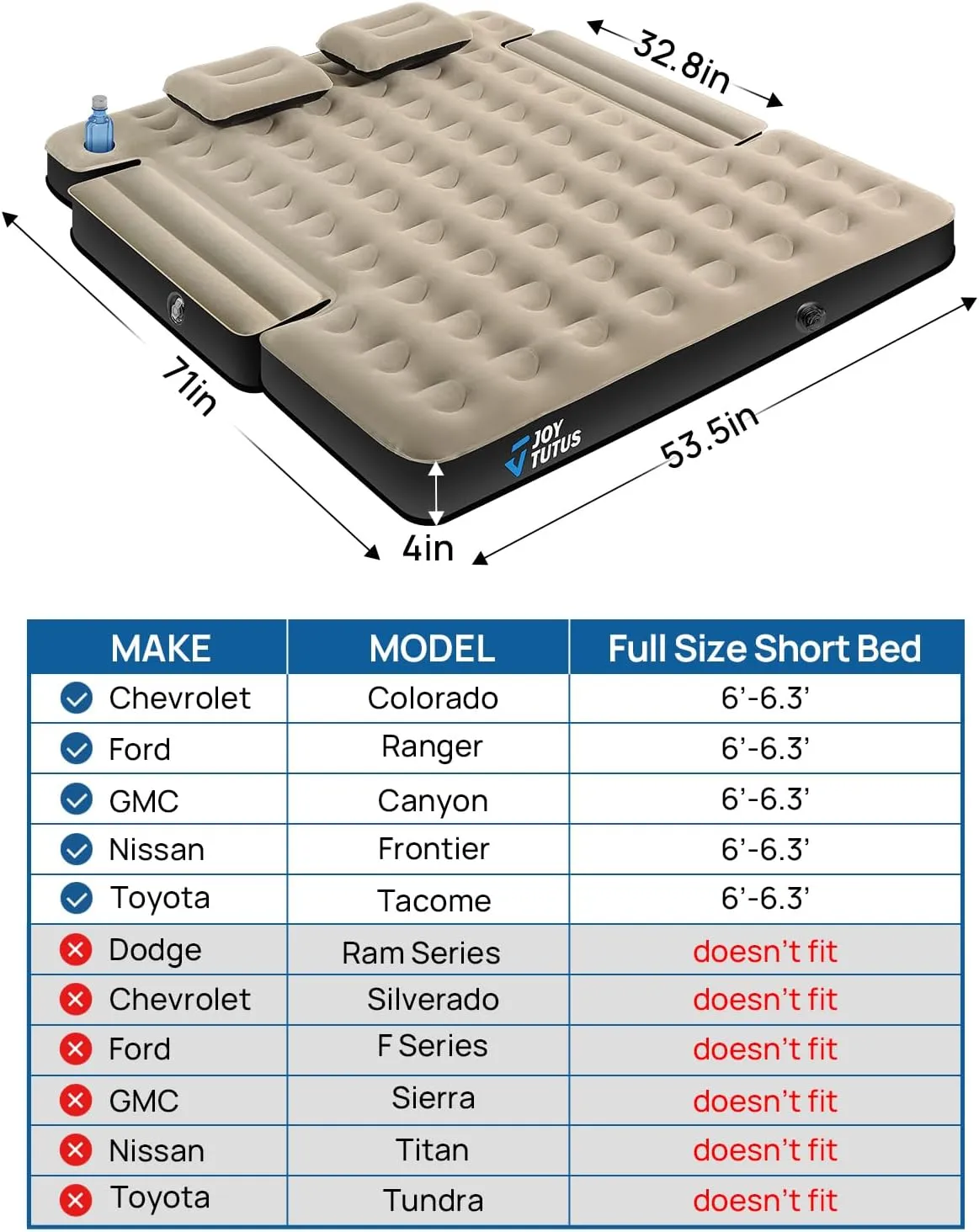 JOYTUTUS Truck Bed Air Mattress for 6.0-6.3Ft, Compact Regular Truck Beds,Anti-Leakage, with Air Pump&2 Pillows, Inflatable Pickup Mattress,Compatible with Tacoma&Ranger&Frontier,Camel&Black