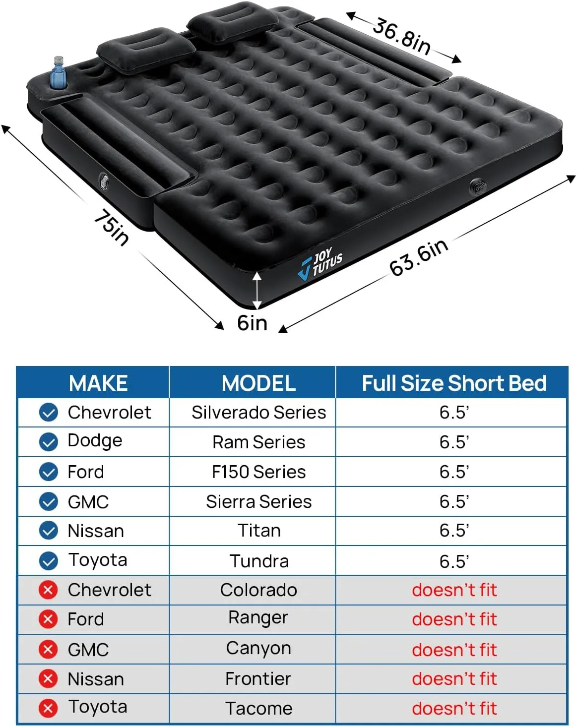 JOYTUTUS Truck Bed Air Mattress for 6.4-6.7Ft, Full Size Regular Beds for Pickup Outdoor Camping, Truck Tent Accessories with Carry Bag & Cup Holder & Cavity Design, Black