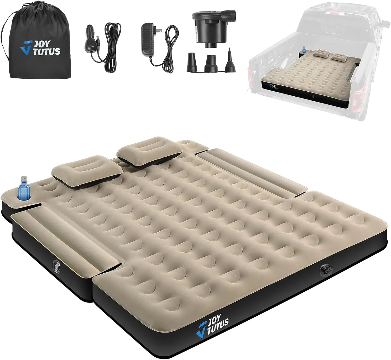 JOYTUTUS Truck Bed Air Mattress for 6.4-6.7Ft, Full Size Regular Beds for Pickup Outdoor Camping, Truck Tent Accessories with Carry Bag & Cup Holder & Cavity Design, Black
