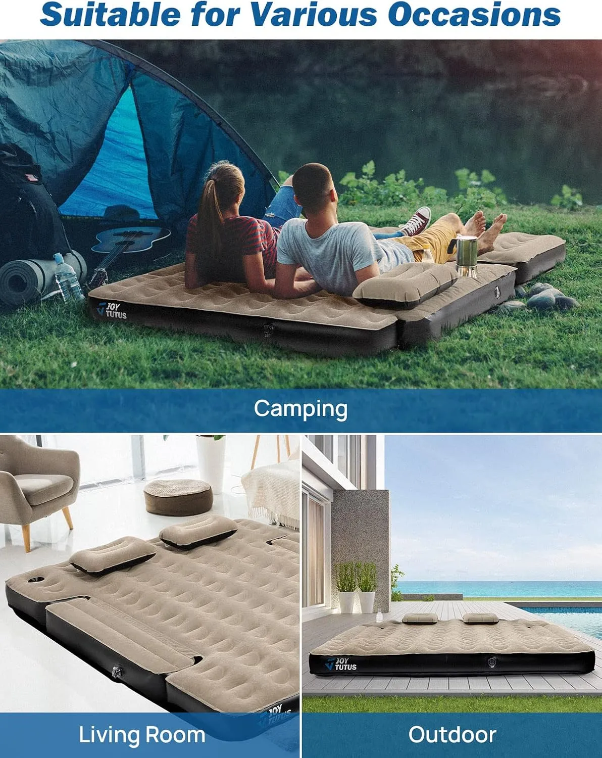 JOYTUTUS Truck Bed Air Mattress for 6.4-6.7Ft, Full Size Regular Beds for Pickup Outdoor Camping, Truck Tent Accessories with Carry Bag & Cup Holder & Cavity Design, Black
