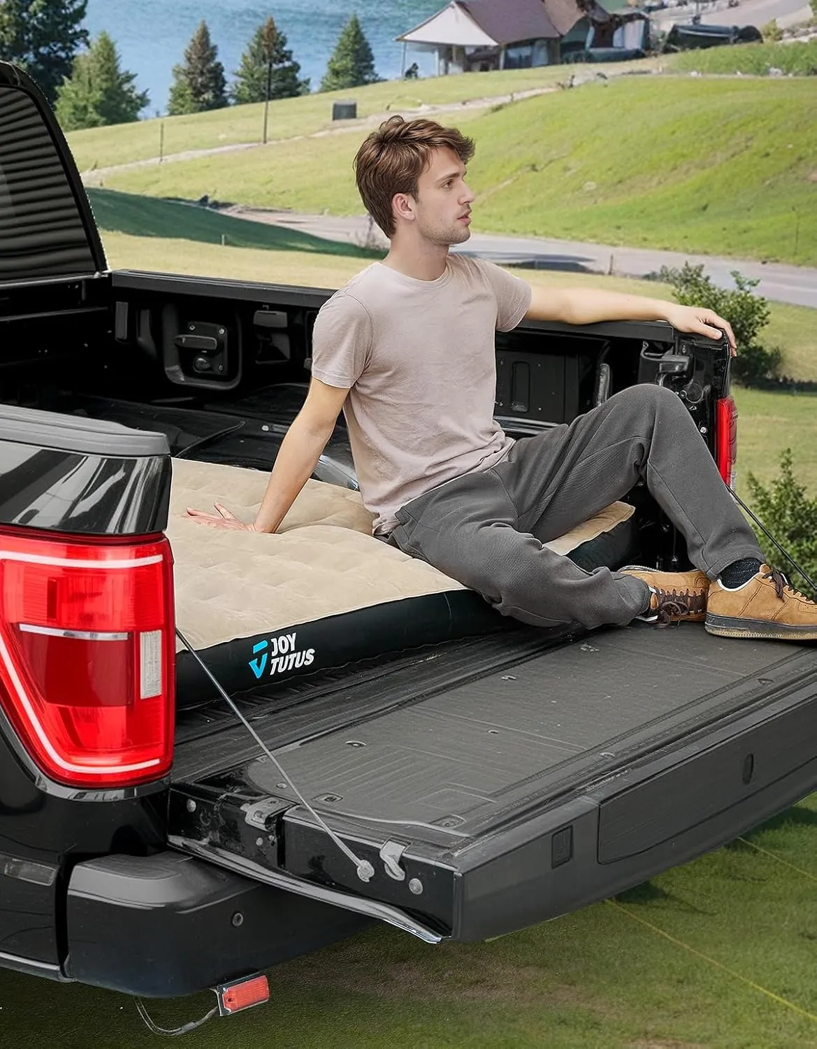 JOYTUTUS Truck Bed Air Mattress for 6.4-6.7Ft, Full Size Regular Beds for Pickup Outdoor Camping, Truck Tent Accessories with Carry Bag & Cup Holder & Cavity Design, Black