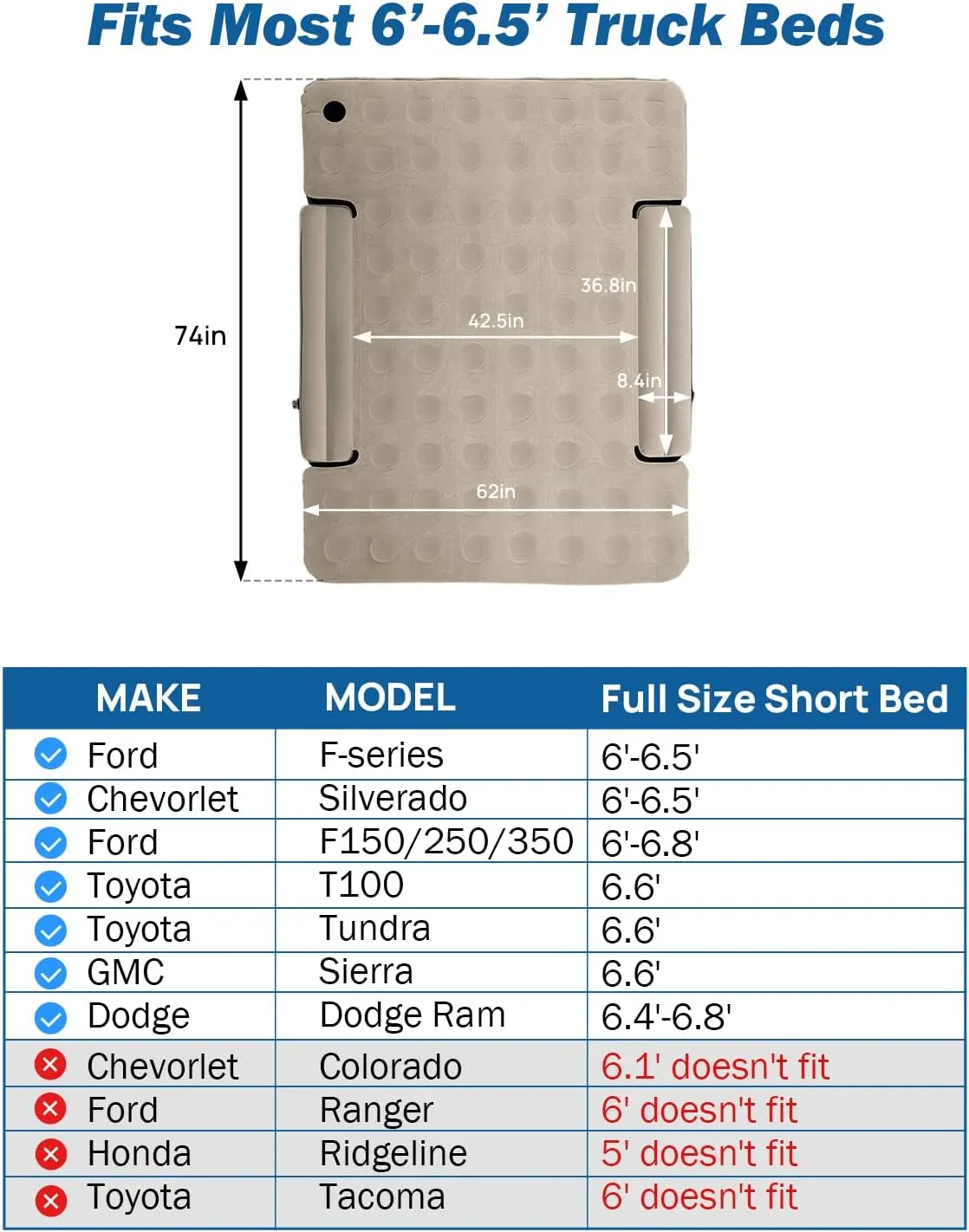 JOYTUTUS Truck Bed Air Mattress for 6.4-6.7Ft, Full Size Regular Beds for Pickup Outdoor Camping, Truck Tent Accessories with Carry Bag & Cup Holder & Cavity Design, Black