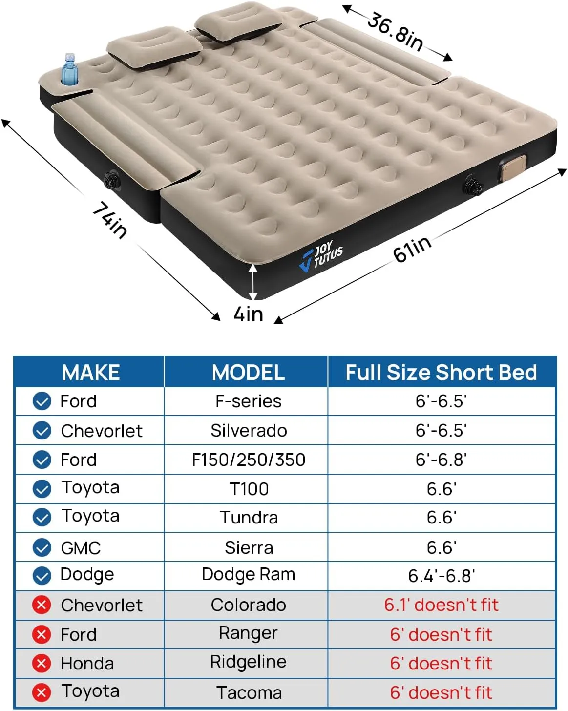 JOYTUTUS Truck Bed Air Mattress for 6.4-6.7Ft with Built-in Air Pump, Full Size Inflatable Mattress Short Beds for Outdoor Camping,with Carry Bag&Cup Holder