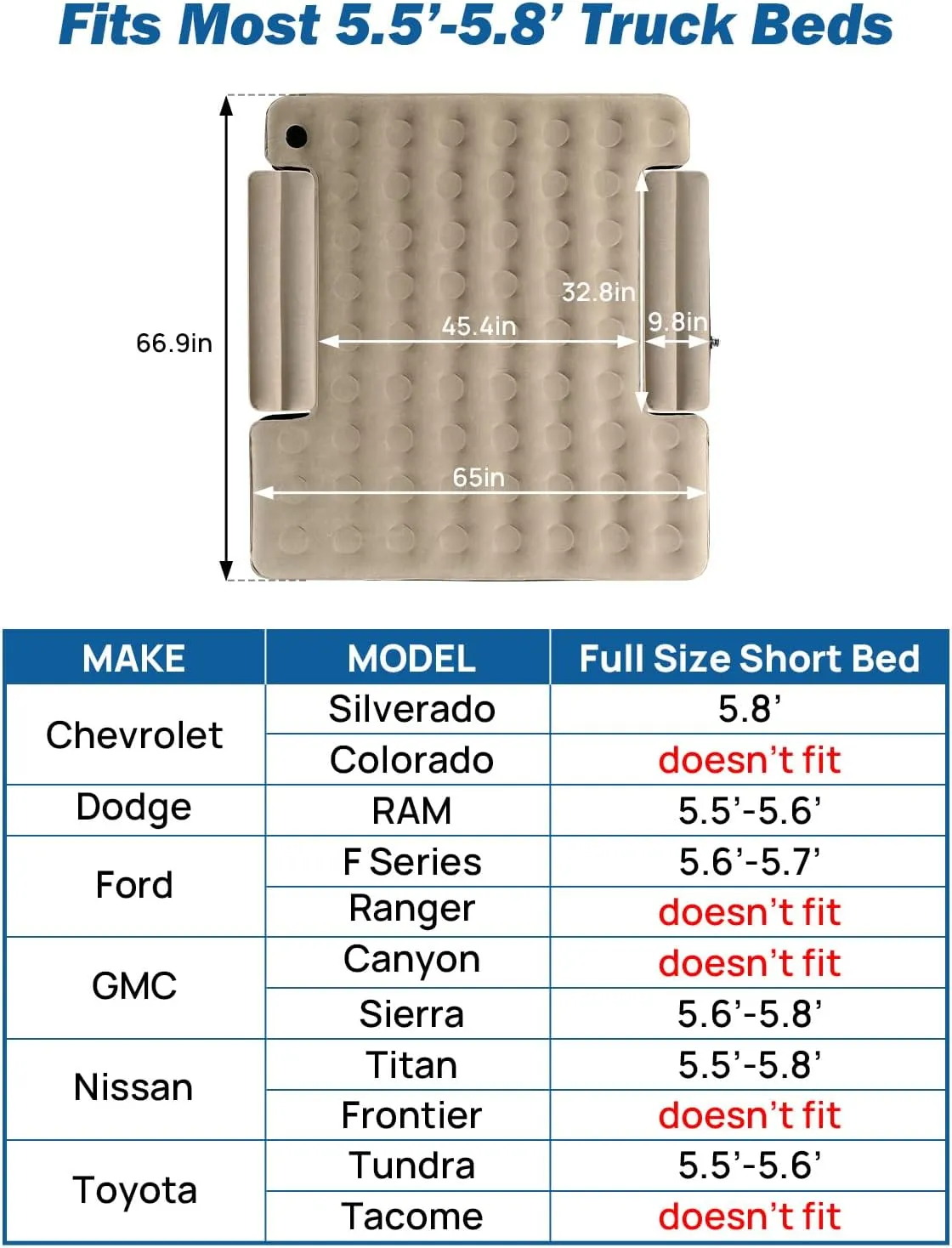 JOYTUTUS Truck Bed Mattress for 5.5-5.8Ft, Full Size Inflatable Mattress Pickup Short Beds for Outdoor Camping, with Carry Bag & Cup Holder & Cavity Design, Camel&Black