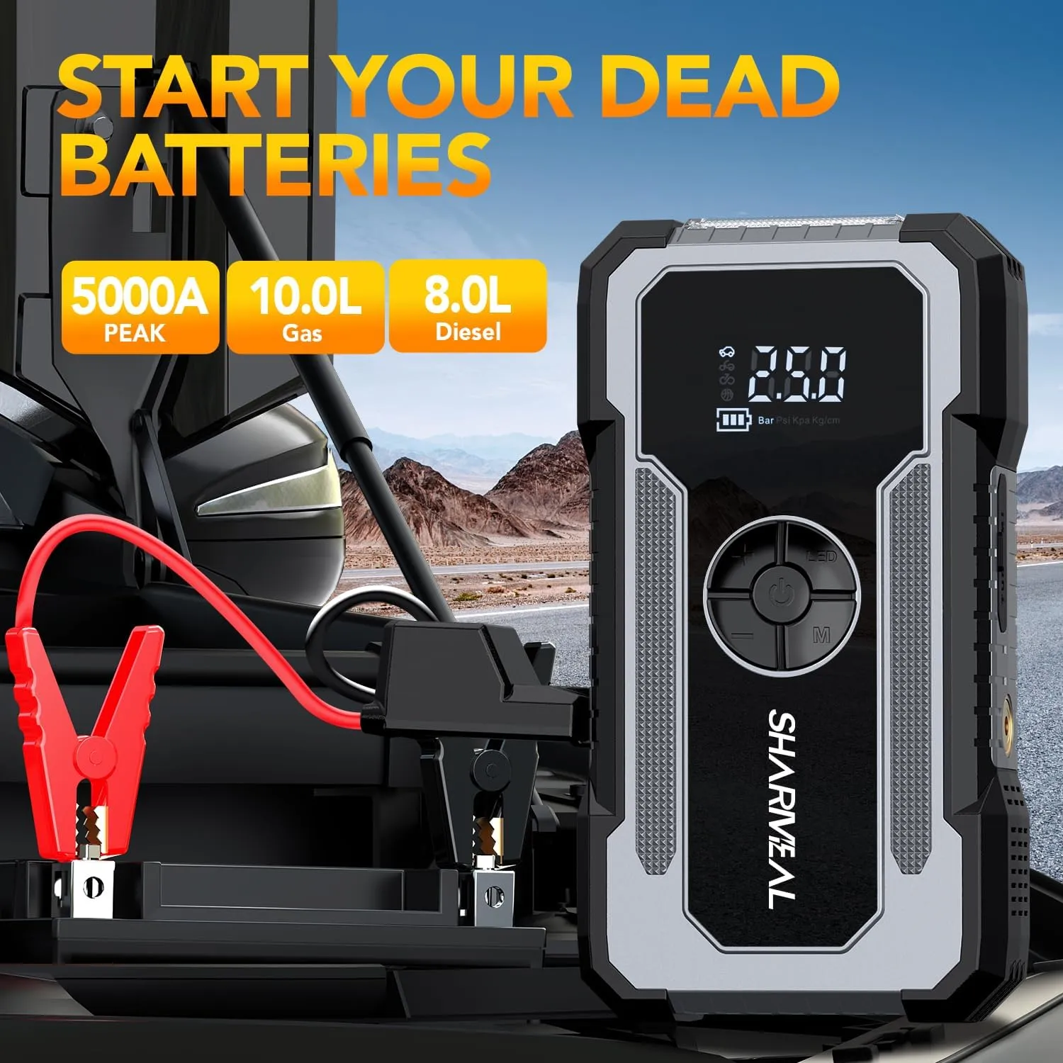 Jump Starter with Air Compressor, Sharmeal 5000A 150PSI Car Jump Starter Battery Pack (10.0 Gas/8.0L Diesel), 12V Car Battery Jump Starter