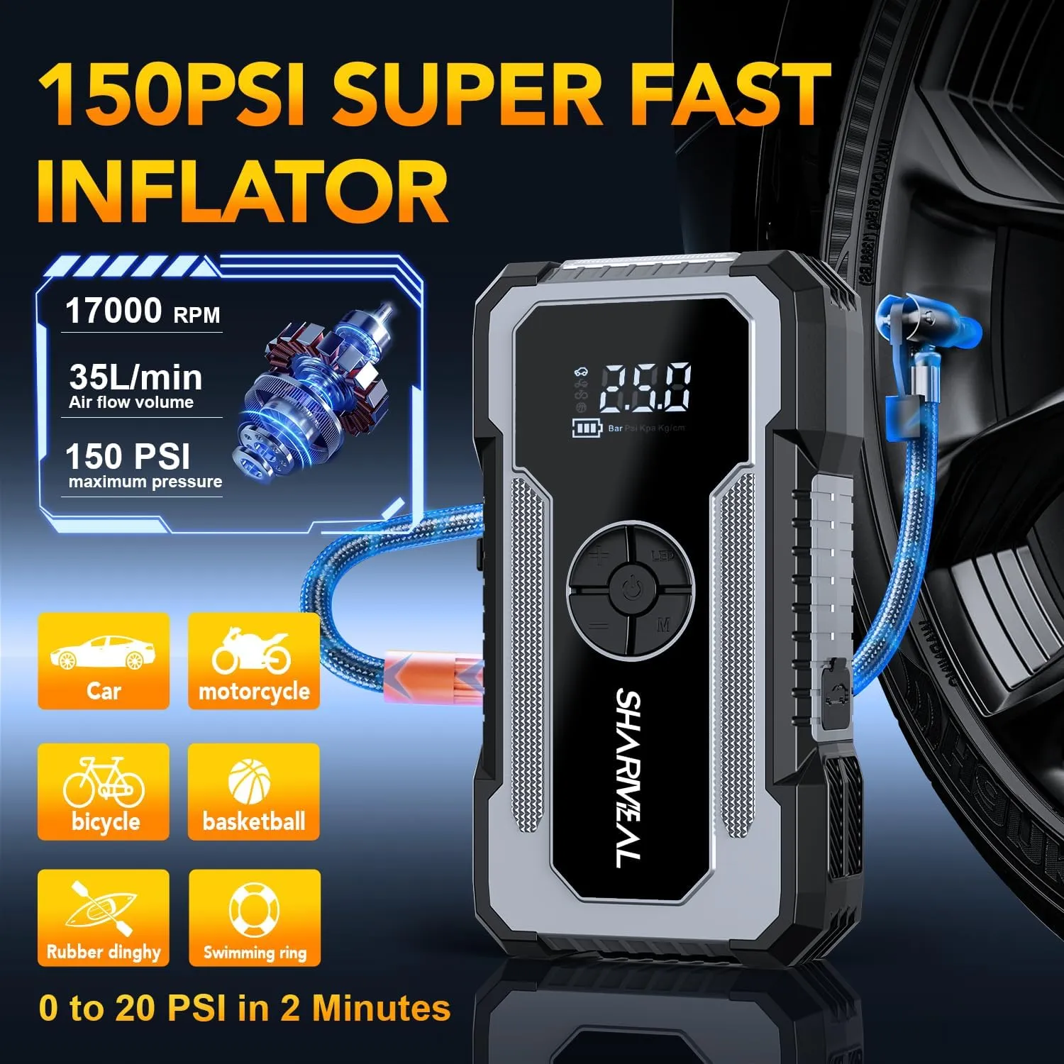 Jump Starter with Air Compressor, Sharmeal 5000A 150PSI Car Jump Starter Battery Pack (10.0 Gas/8.0L Diesel), 12V Car Battery Jump Starter