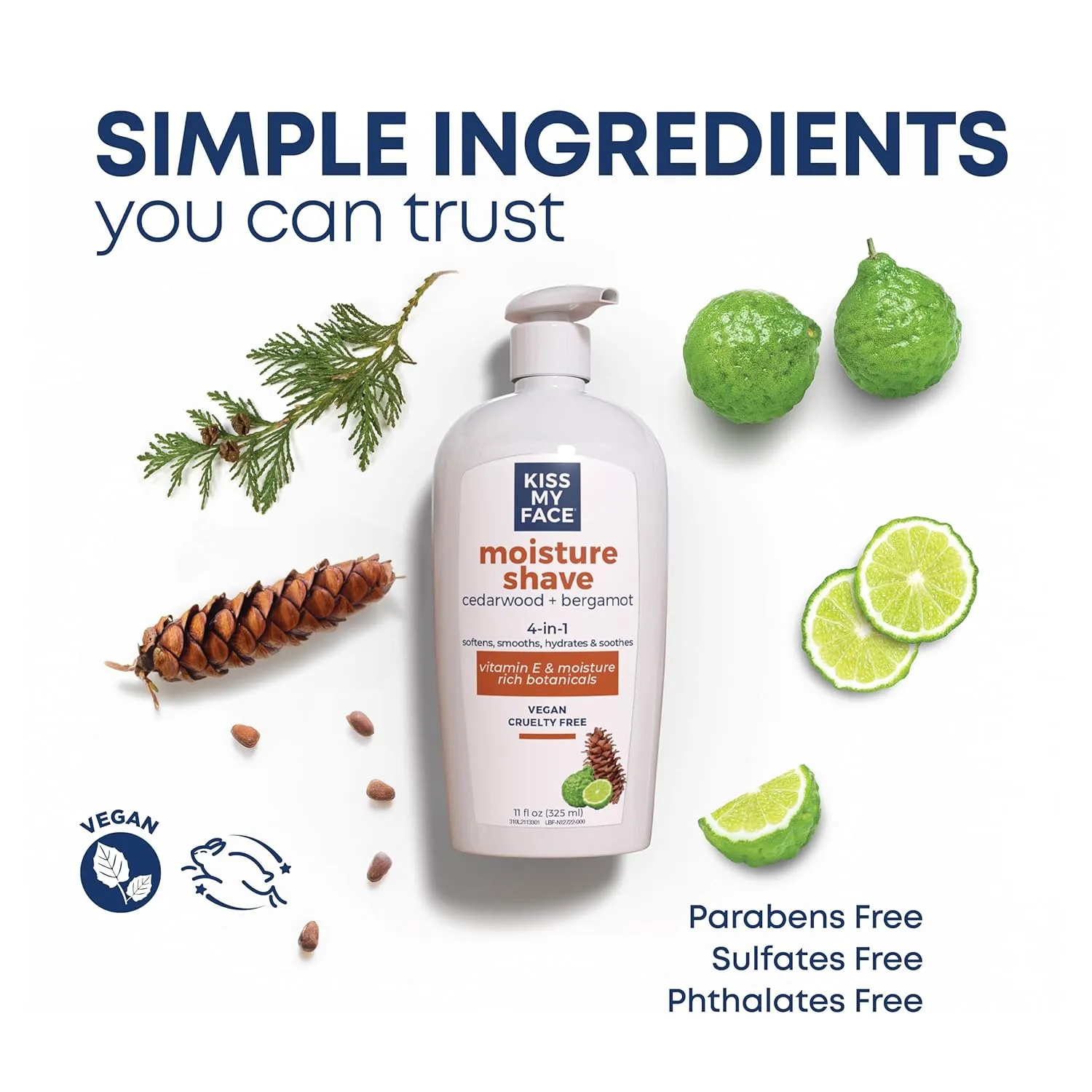 Kiss My Face Cedarwood   Bergamot Moisture Shave - 4 In 1 Shaving Cream - Cruelty Free and Vegan - With added Olive Oil and Aloe Leaf Extract - Vitamin E Rich - 11 fl oz Pump Bottle (Pack of 2)