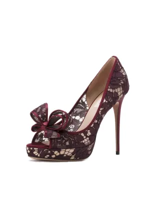 Lace Bow Peep-Toe Platform Pump - Bordeaux