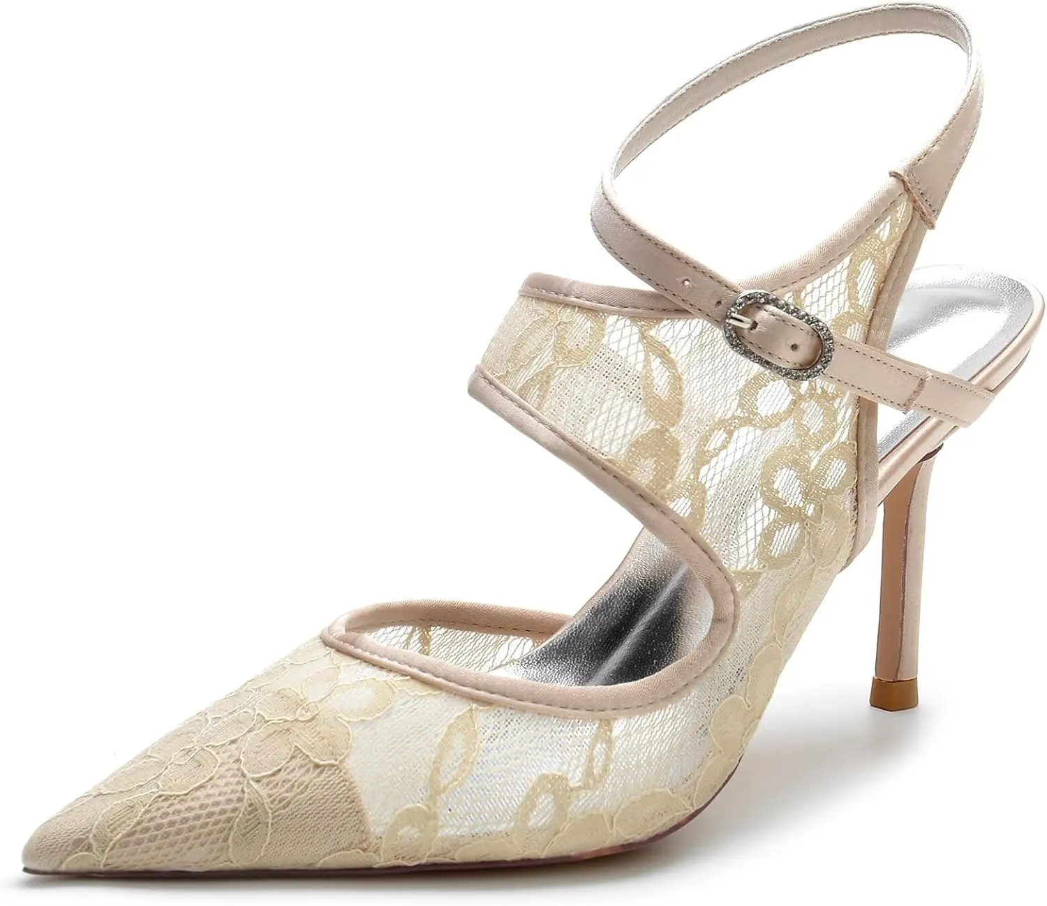 Lace-Embellished Bridal Shoes for Women - Pointed Toe Stiletto Heels with Adjustable Ankle Strap, Wedding Ceremony Pumps for Bride, Reception, Prom
