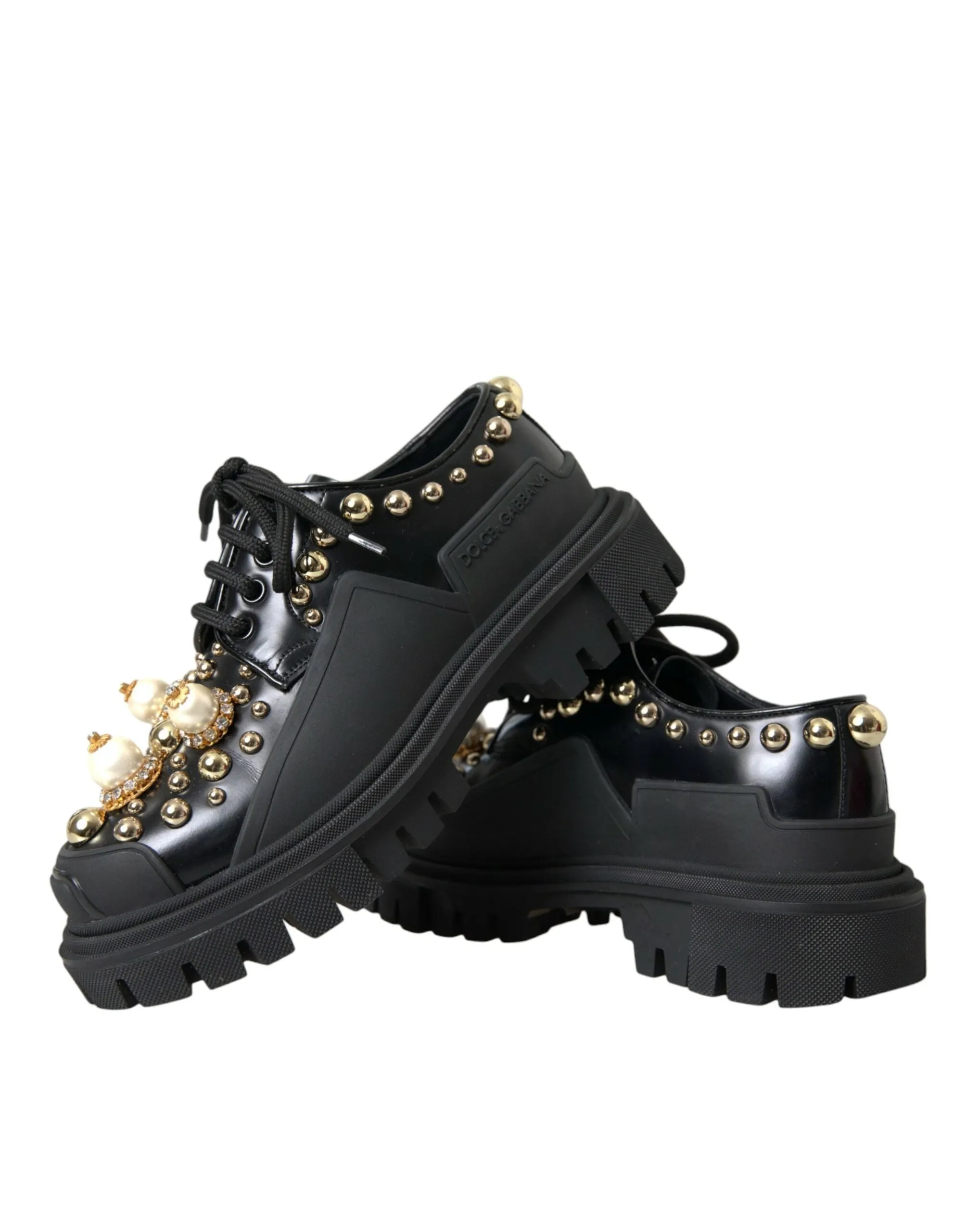 Leather Gabbana Value-based Dolce & Shoes Automated Embellished Black Derby Trekking