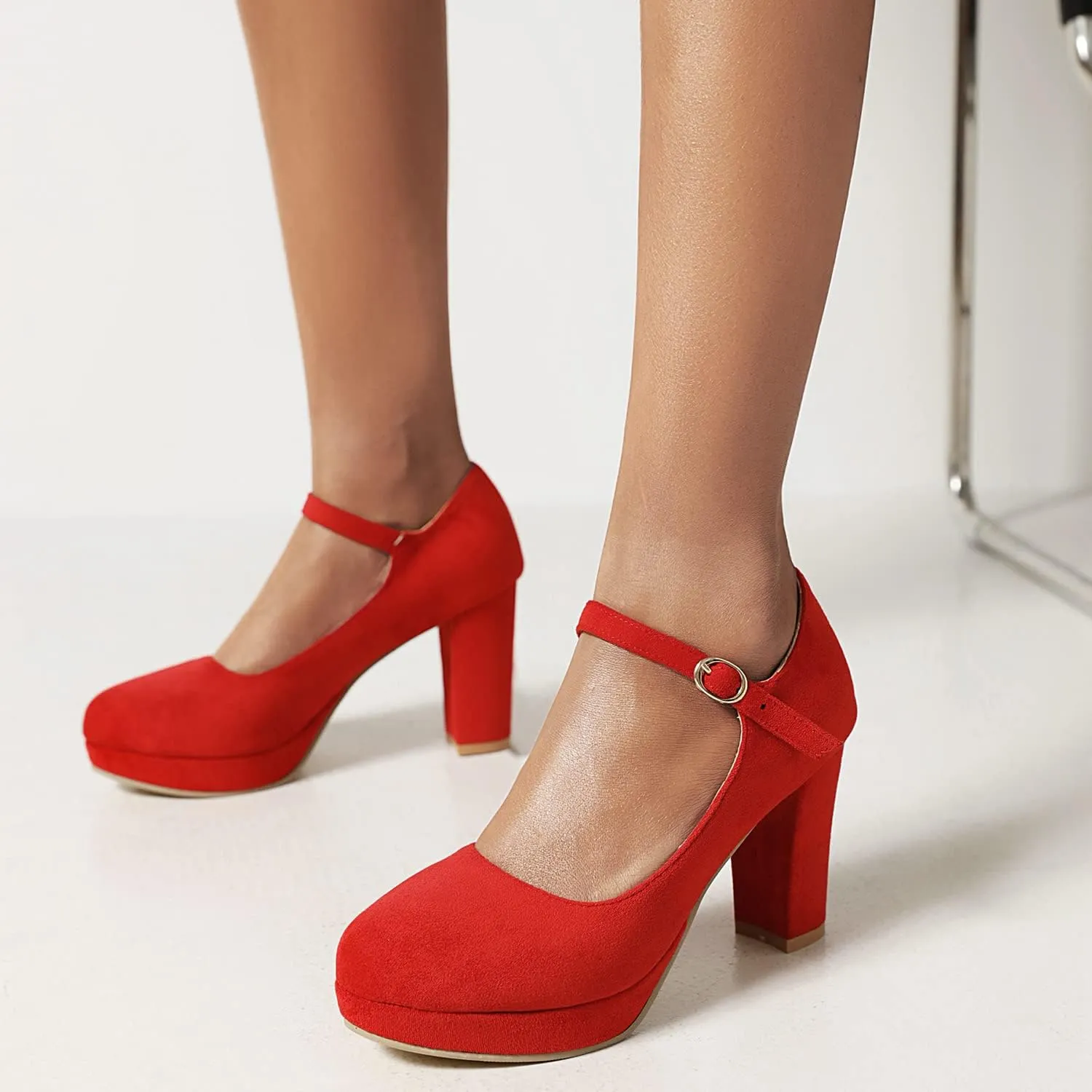 LEHOOR Women Chunky High Heel Mary Jane Shoes Platform Ankle Buckle Strap 3" Heel Round Toe Suede Pumps Wedding Bridal Dress Shoes Block Heel Closed Toe Sandals Ladies Girls Office Cute Fall 4-12 M US