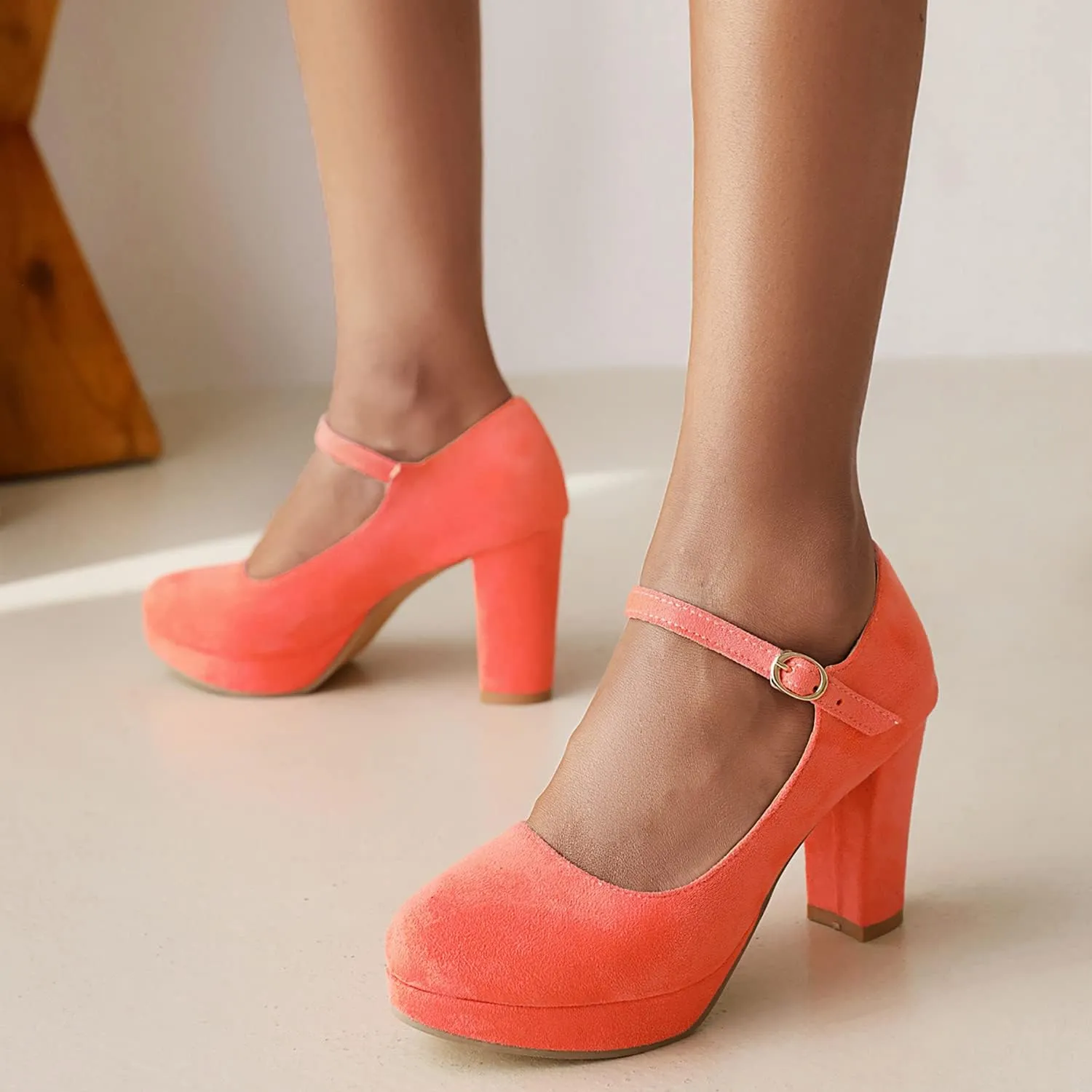 LEHOOR Women Chunky High Heel Mary Jane Shoes Platform Ankle Buckle Strap 3" Heel Round Toe Suede Pumps Wedding Bridal Dress Shoes Block Heel Closed Toe Sandals Ladies Girls Office Cute Fall 4-12 M US