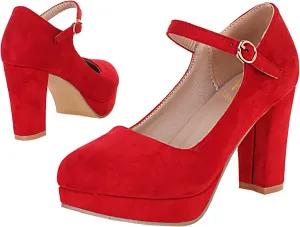 LEHOOR Women Chunky High Heel Mary Jane Shoes Platform Ankle Buckle Strap 3" Heel Round Toe Suede Pumps Wedding Bridal Dress Shoes Block Heel Closed Toe Sandals Ladies Girls Office Cute Fall 4-12 M US