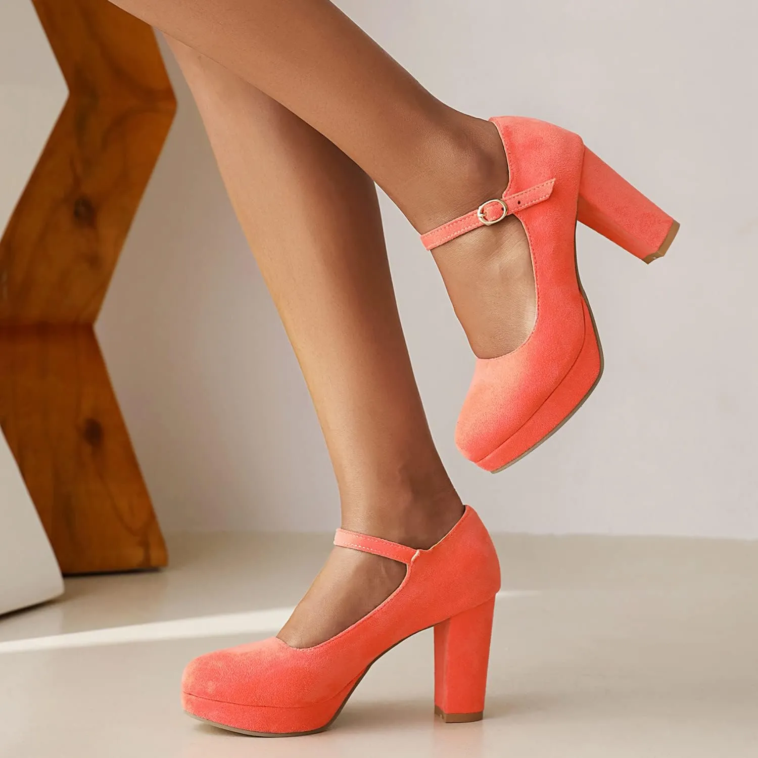 LEHOOR Women Chunky High Heel Mary Jane Shoes Platform Ankle Buckle Strap 3" Heel Round Toe Suede Pumps Wedding Bridal Dress Shoes Block Heel Closed Toe Sandals Ladies Girls Office Cute Fall 4-12 M US